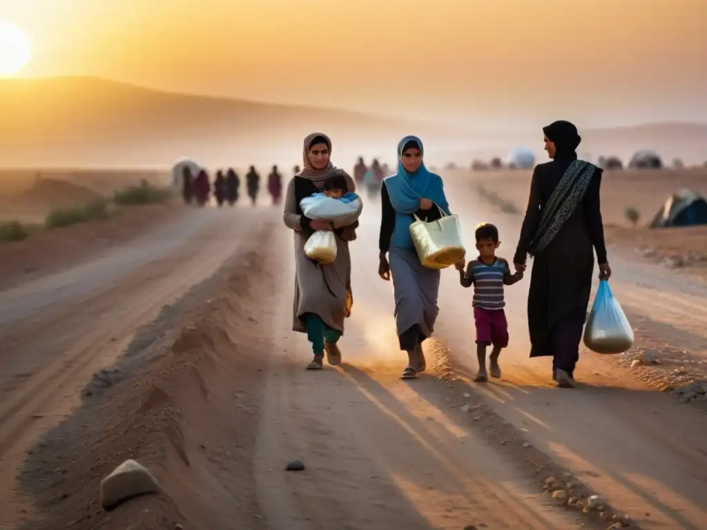 Un grupo de refugiados sirios, mujeres y niños, caminan por un camino polvoriento al atardecer, con esperanza en el horizonte