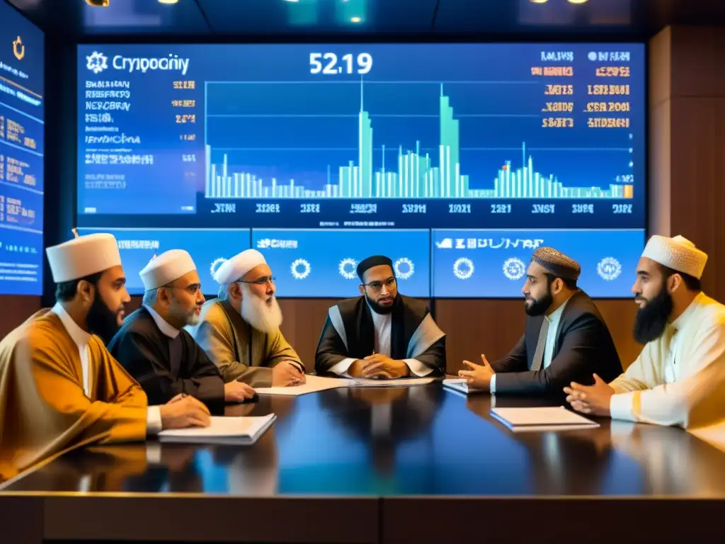 Grupo de sabios islámicos debaten sobre criptomonedas halal, rodeados de modernidad y tradición