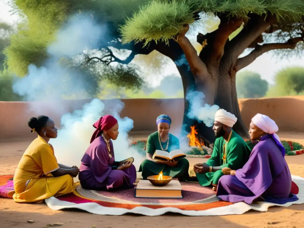 Un grupo de sanadores tradicionales del mundo islámico realizan una ceremonia de sanación bajo un árbol, rodeados de hierbas y pociones