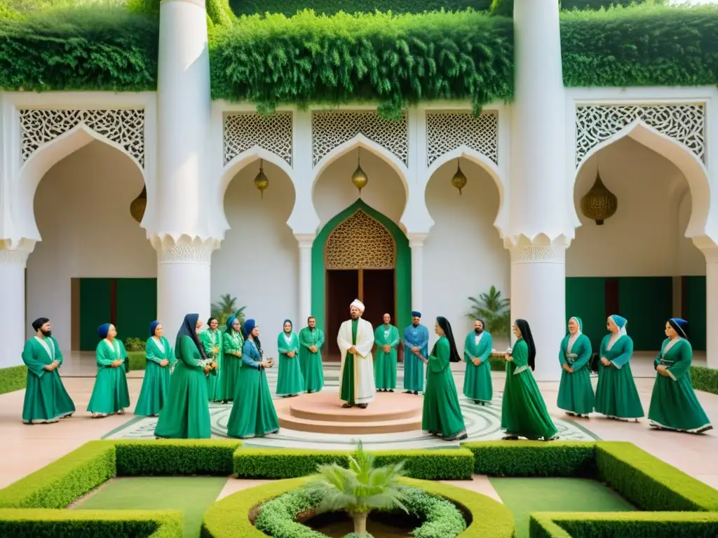 Grupo de seguidores de la fe bahá'í celebrando en un hermoso patio de mezquita, reflejando la diversidad religiosa en el espectro islámico