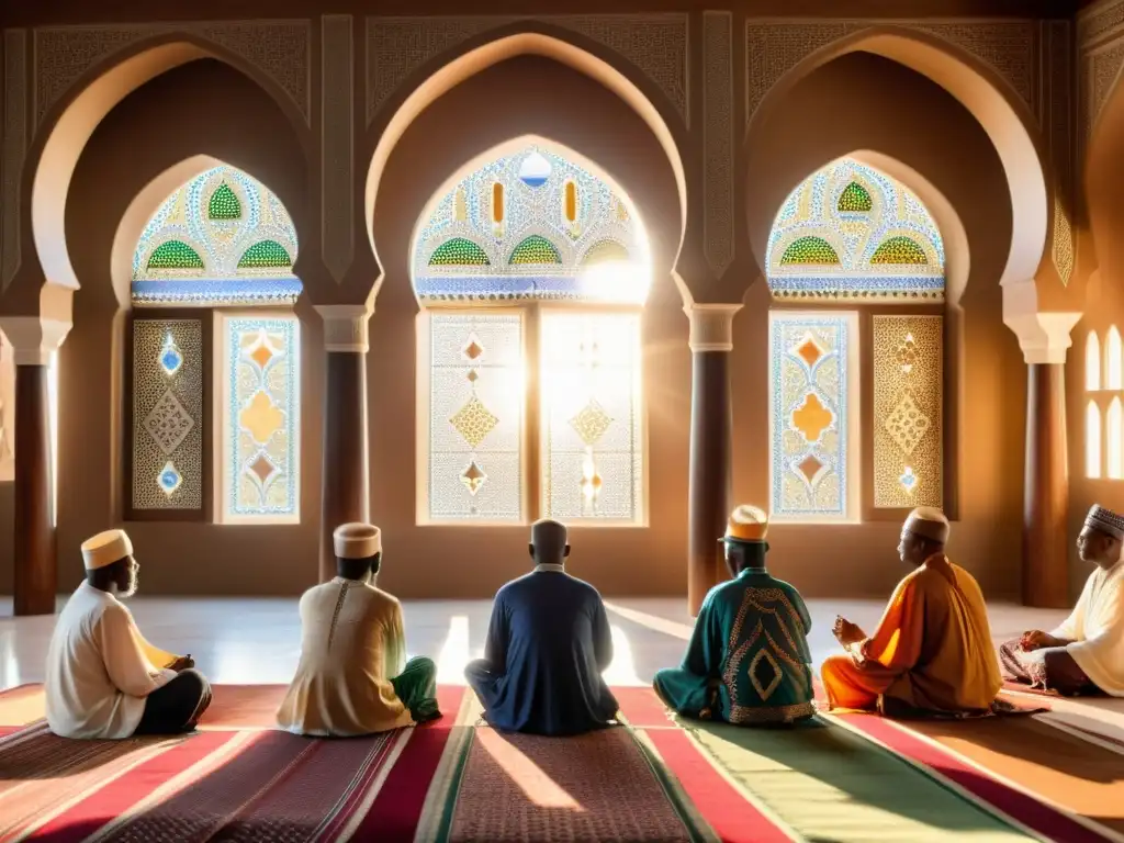 Un grupo de seguidores de la Sufi Tijaniyya en una mezquita decorada en África