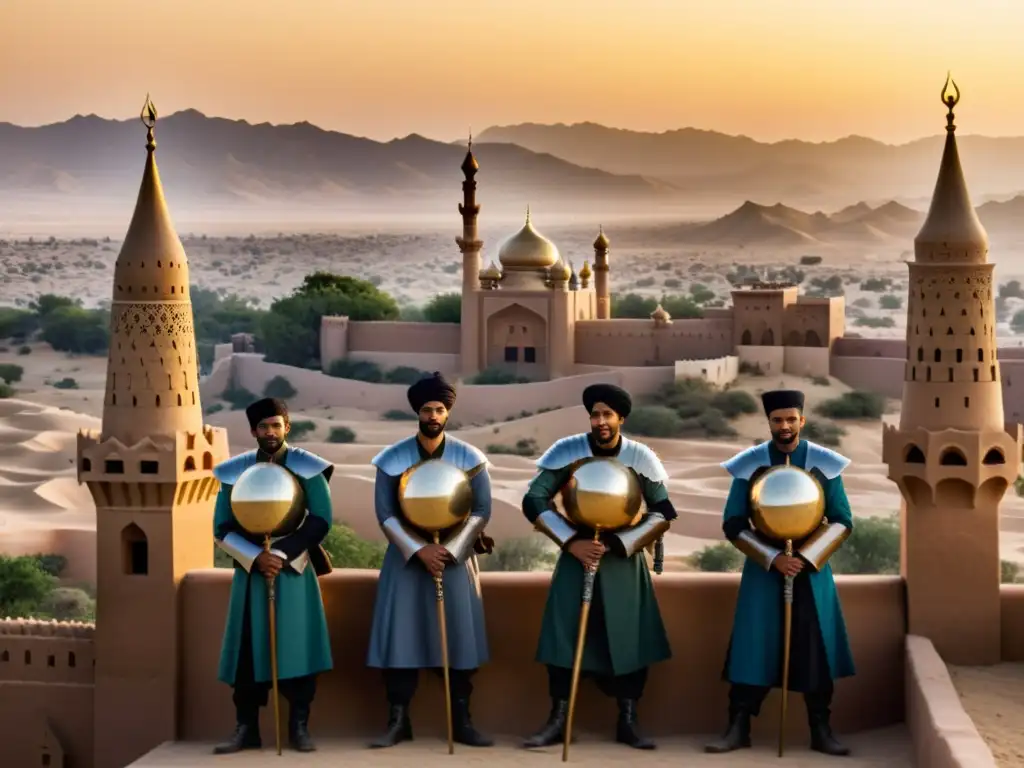 Un grupo de soldados musulmanes en una ciudad fortificada, con vista al desierto al atardecer