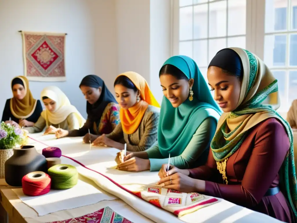 Un grupo de talentosas creadoras musulmanas de moda tradicional, trabajando juntas en un bullicioso atelier, fusionando estilos islámicos con innovación moderna