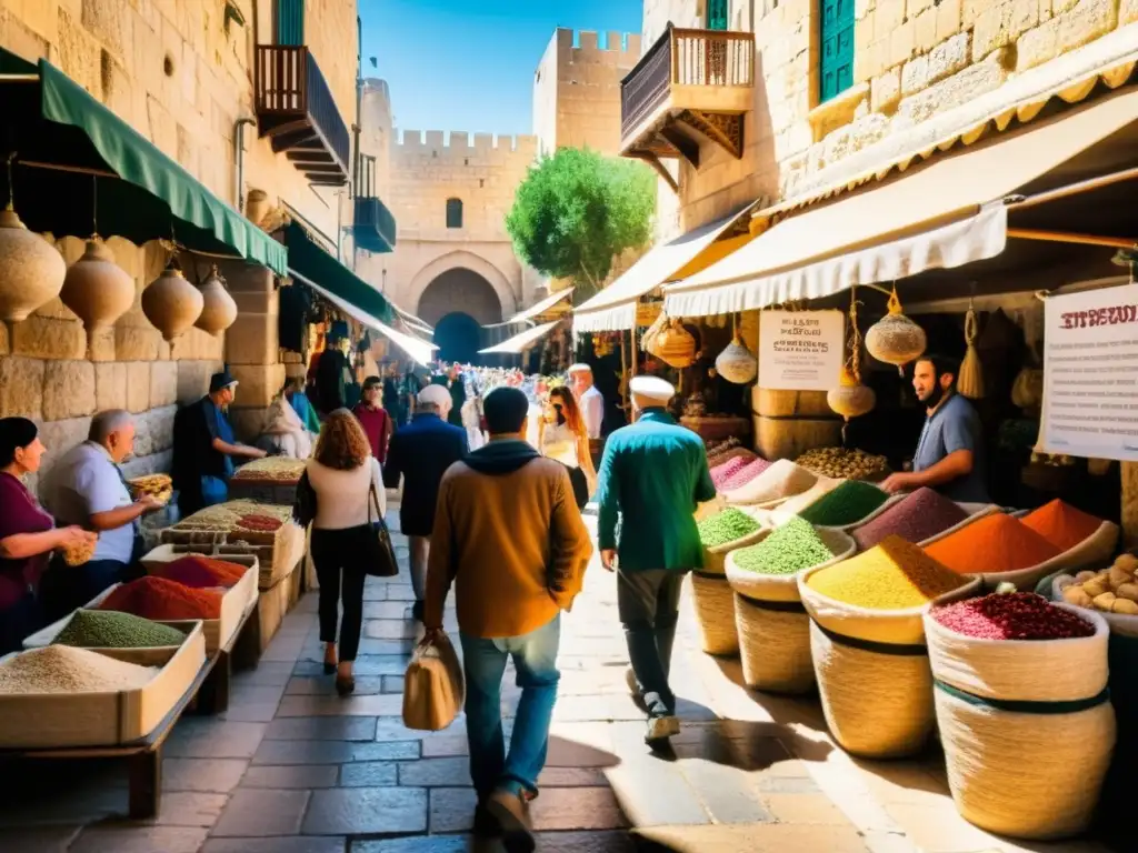 Un grupo de turistas diverso explora las calles estrechas y bulliciosas de la Ciudad Vieja de Jerusalén, entre edificios antiguos