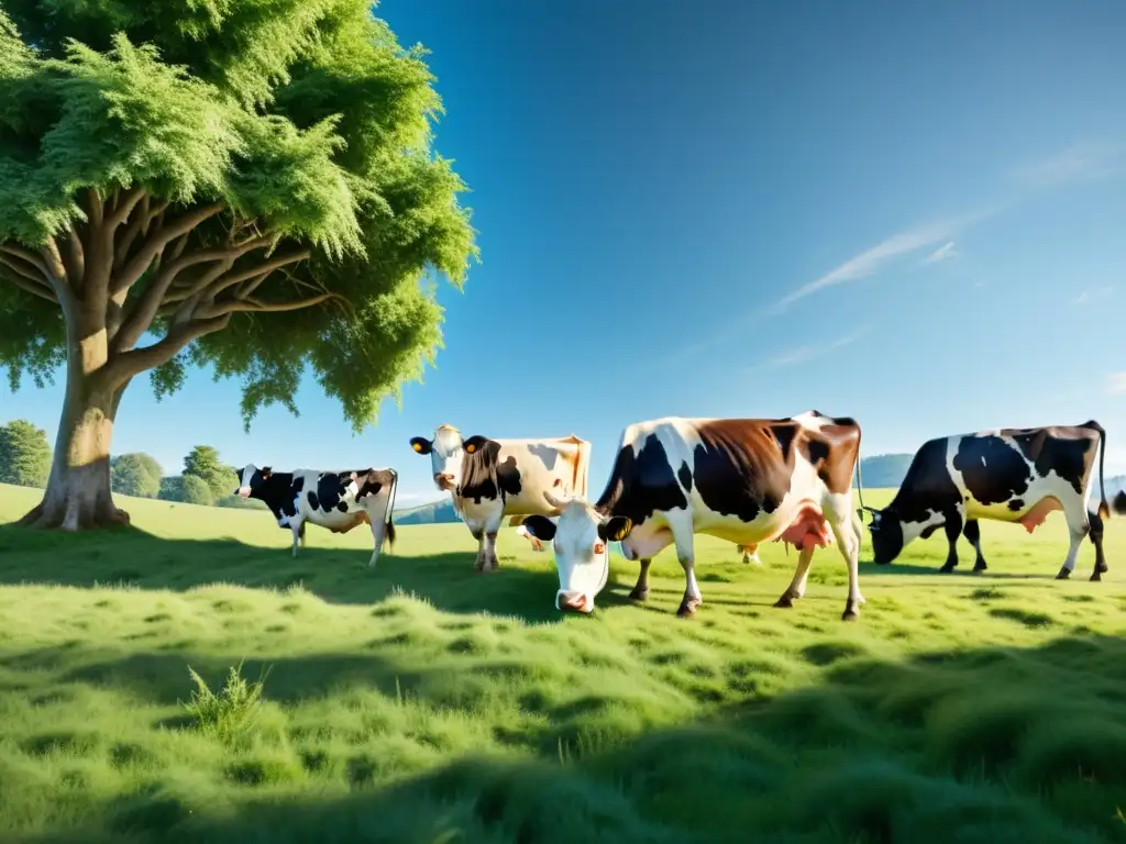 Un grupo de vacas lecheras pacíficamente pastando en un prado verde bajo el cielo azul