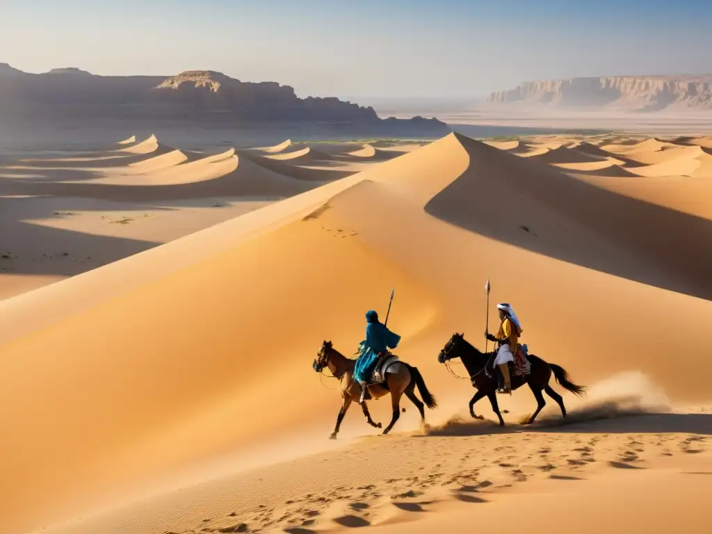 Un grupo de valientes guerreros beduinos cabalgan por el vasto desierto dorado, evocando tácticas beduinas conquistas islámicas