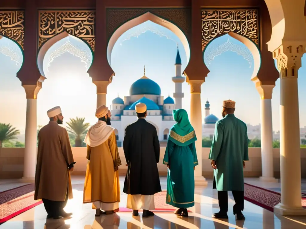 Un grupo vestido elegantemente en prendas tradicionales islámicas frente a una hermosa mezquita adornada con patrones geométricos