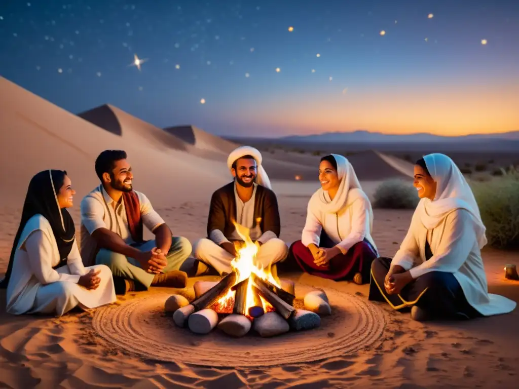 Un grupo vestido con ropa tradicional del Medio Oriente se reúne alrededor de una fogata en el desierto, inmersos en la narrativa oral en el Islam mientras las estrellas brillan en el cielo