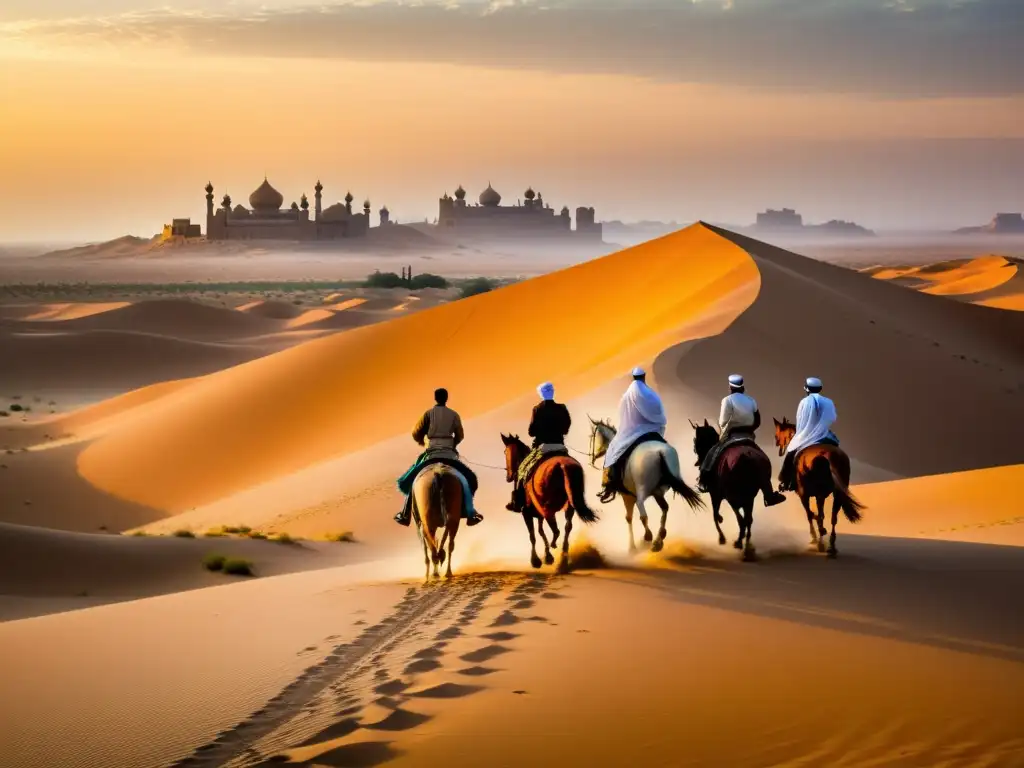 Un grupo de viajeros a caballo atraviesa un vasto desierto al atardecer, con el sol dorado poniéndose detrás de imponentes dunas de arena