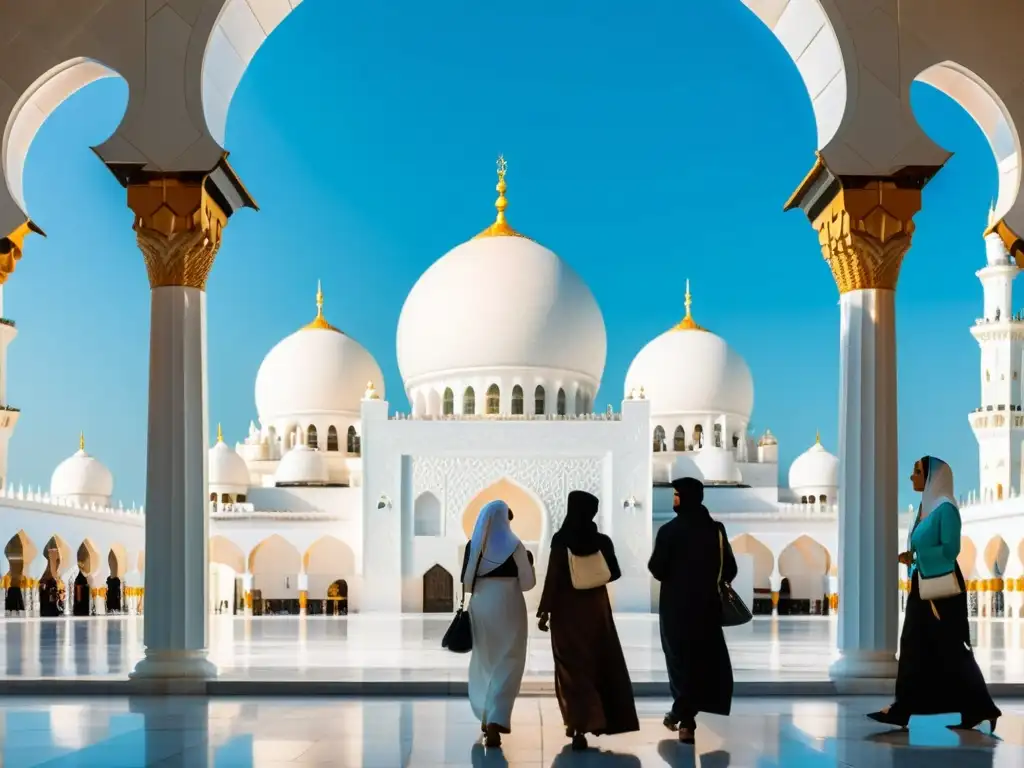 Un grupo de viajeros musulmanes admira la arquitectura islámica en la Mezquita Sheikh Zayed en Abu Dhabi