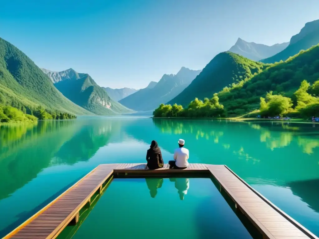 Un grupo de viajeros musulmanes disfruta de un hermoso lago turquesa en medio de montañas verdes