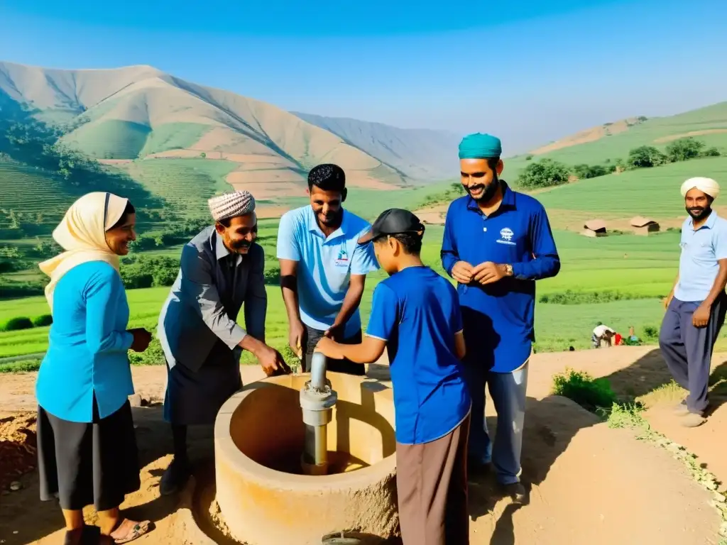 Un grupo de voluntarios construyendo un pozo de agua en una aldea rural junto a una comunidad musulmana