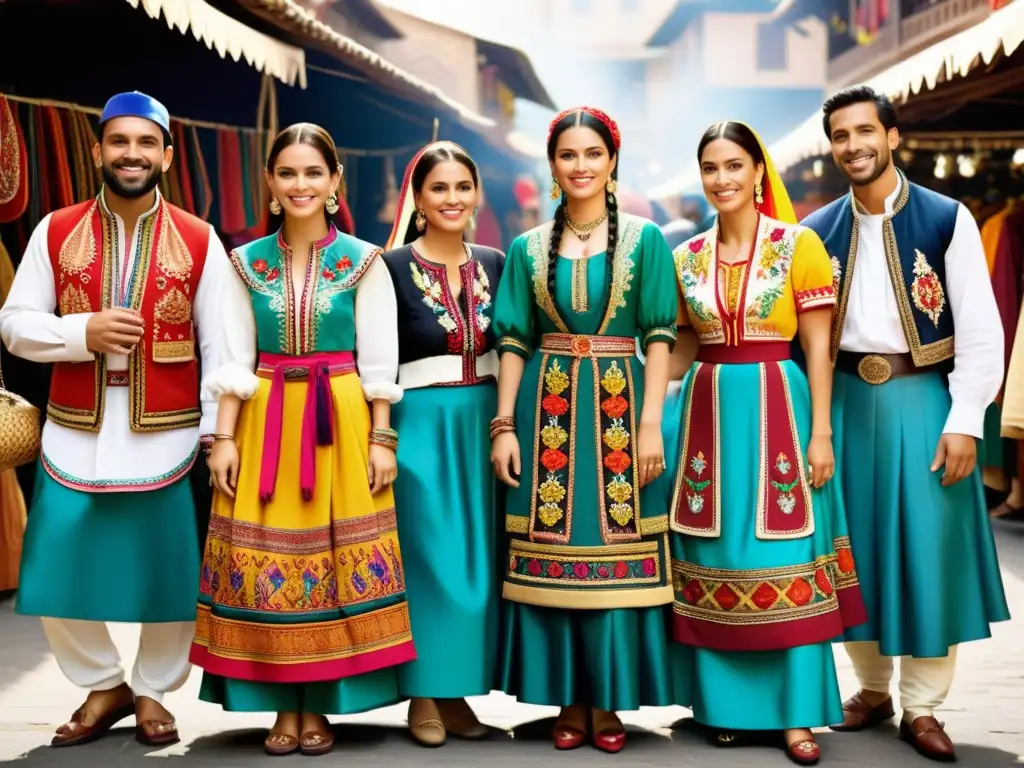 Un grupo viste zaragüelles tradicionales del Magreb con bordados detallados y colores vibrantes en un bullicioso mercado