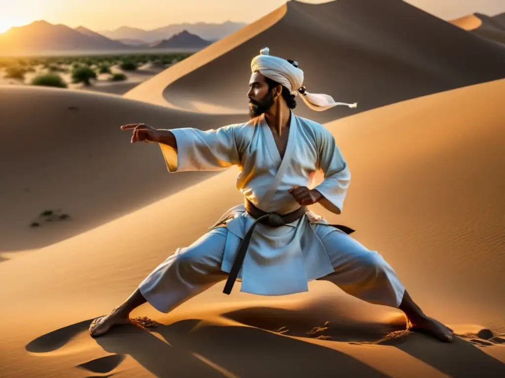 Guerrero Sufi en conexión espiritual, practicando artes marciales en un oasis del desierto al atardecer