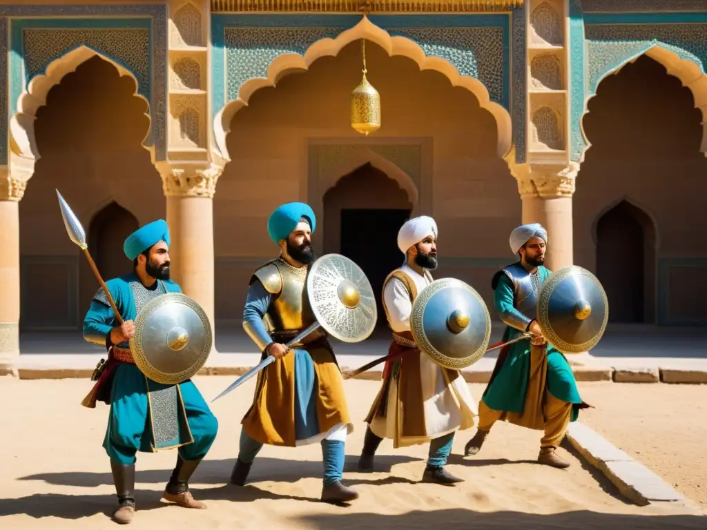 Guerreros persas practican Varrehbaazi en un patio soleado, destacando el arte perdido de la lucha con mazas en Persia