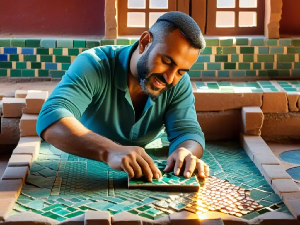 Un hábil artesano en Marruecos crea meticulosamente azulejos Zellige, resaltando la rica herencia cultural y artesanía de este antiguo arte marroquí en arquitectura islámica