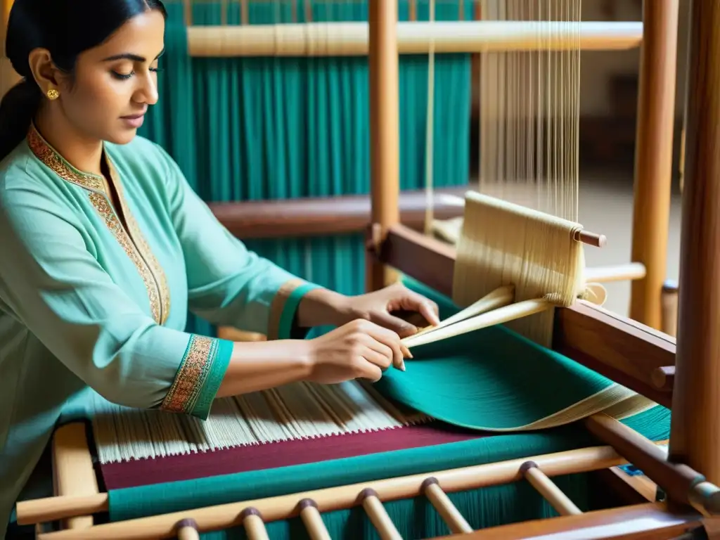 Un hábil artesano teje una hermosa tela islámica en un telar de madera, transmitiendo técnicas textiles islámicas con destreza ancestral