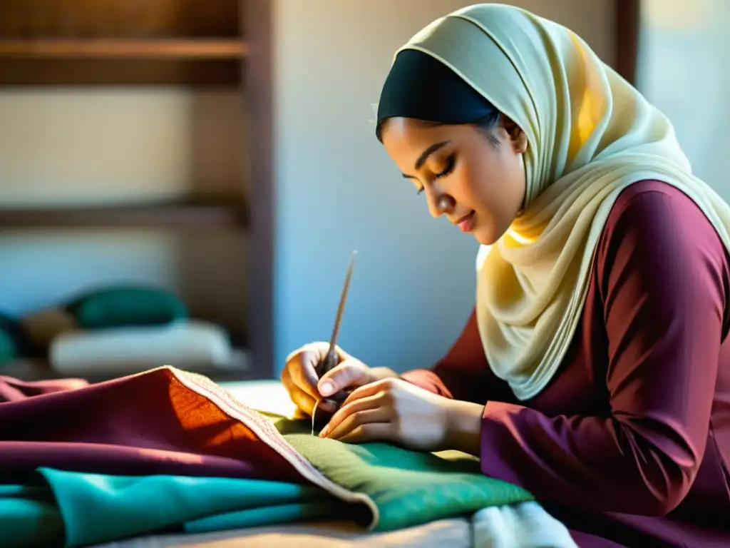 Un hábil artesano cosiendo con materiales halal para ropa islámica en un taller sereno y luminoso, resaltando la reverencia y artesanía islámica