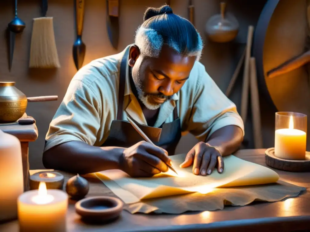 Un hábil artesano fabrica pergamino con técnicas ancestrales, iluminado por la suave luz de las velas