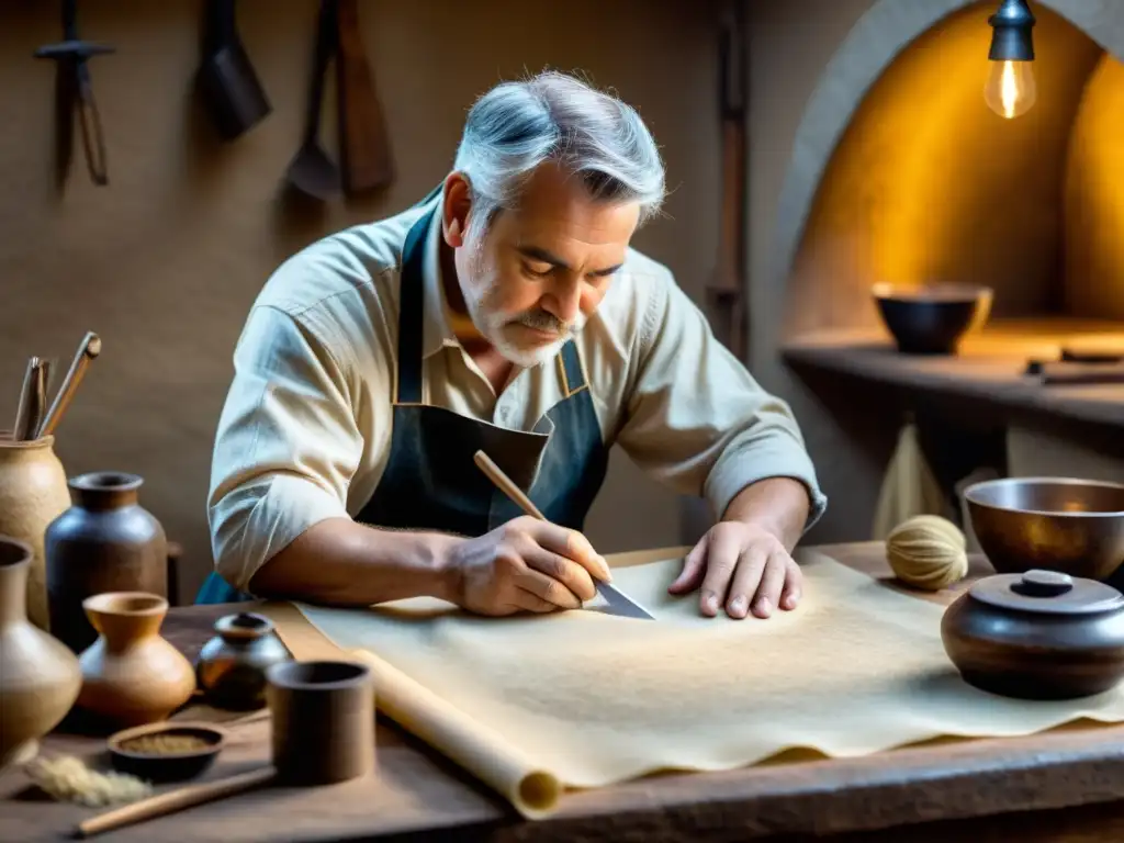 Un hábil artesano fabrica pergamino con técnicas tradicionales en un taller iluminado, resaltando la durabilidad de los manuscritos islámicos