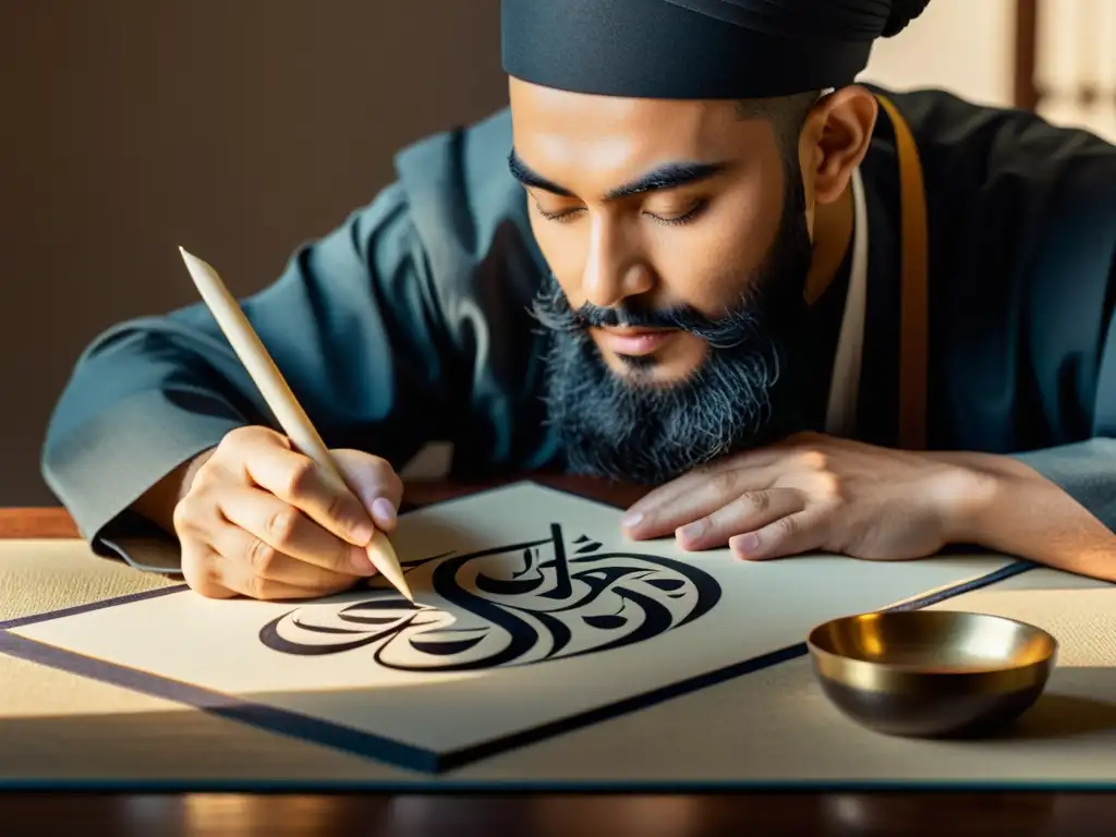 Un hábil calígrafo crea con maestría caligrafía islámica tradicional en su estudio tranquilo, con gran concentración y destreza