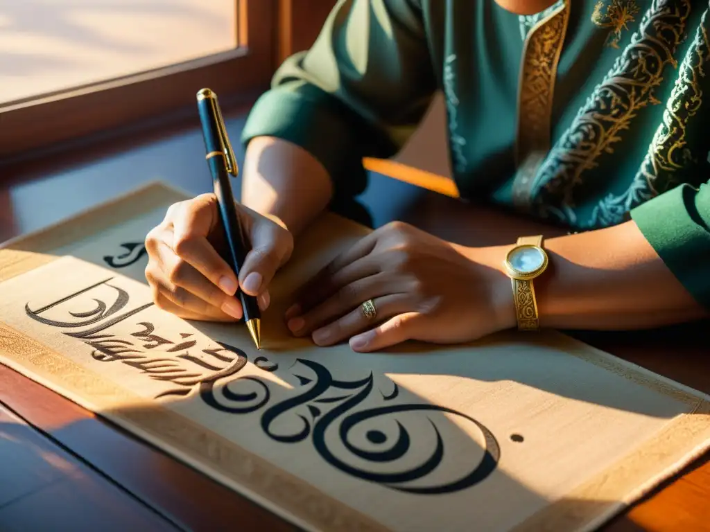 Un hábil calígrafo crea hermosa caligrafía islámica en un cálido estudio