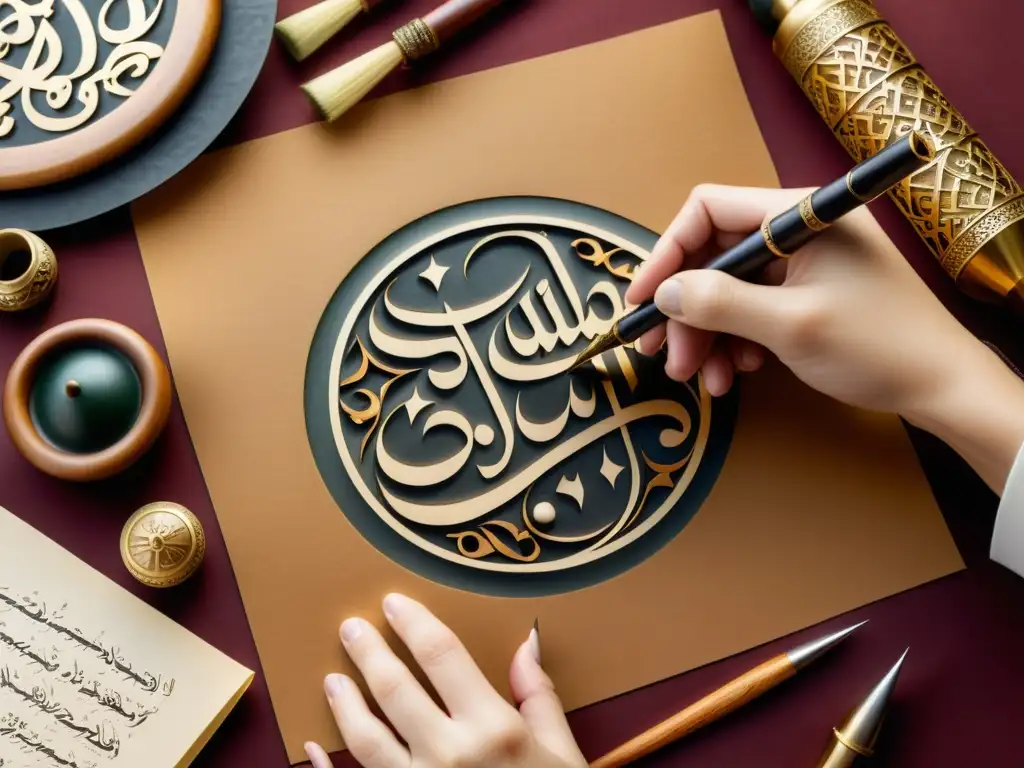 Un hábil calígrafo islámico crea una hermosa poesía artística rodeado de herramientas tradicionales en tonos cálidos y luz suave