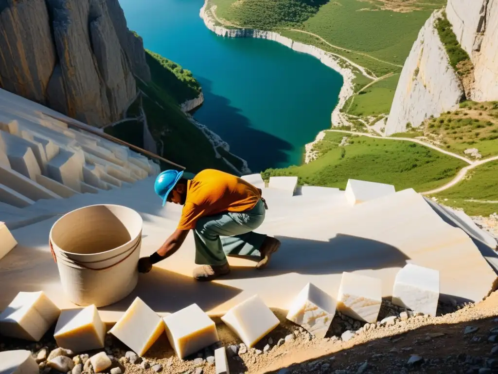 Hábiles artesanos extrayendo mármol de una cantera, con colores vibrantes y paisaje dramático