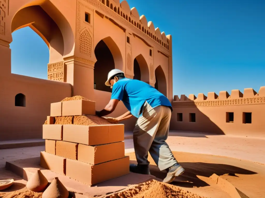 Hábiles artesanos construyendo una mezquita con materiales tradicionales, bajo un cielo azul vibrante