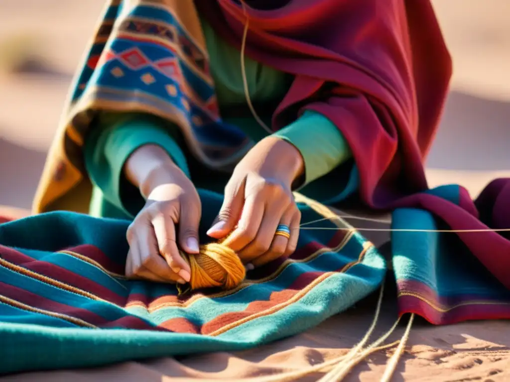 Las hábiles manos de una mujer nómada tejen lana de camello en el desierto, mostrando la adaptación de la vestimenta de los pueblos nómadas