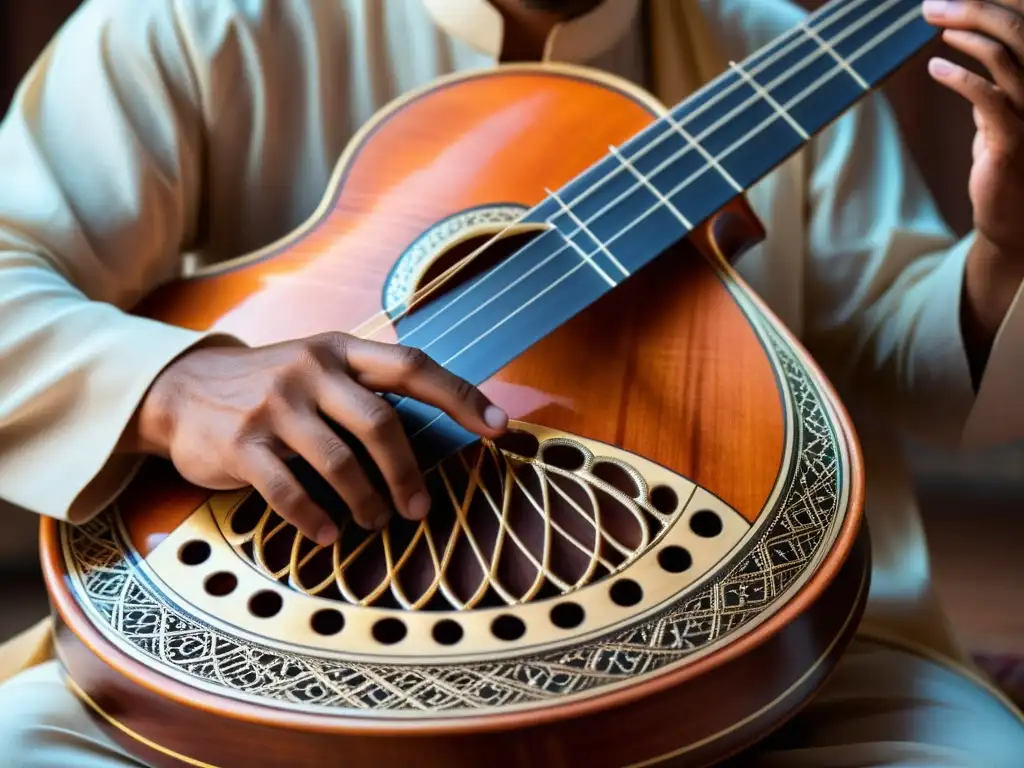 Las hábiles manos de un músico interpretando un instrumento de cuerda del Medio Oriente, destacando las texturas y detalles