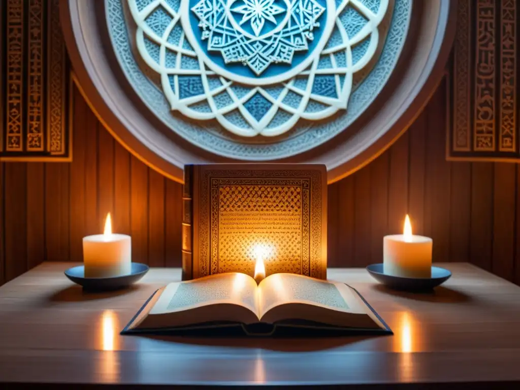 Una habitación serena iluminada por velas con patrones geométricos islámicos y un libro de poesía mística de Rumi abierto en una mesa de madera