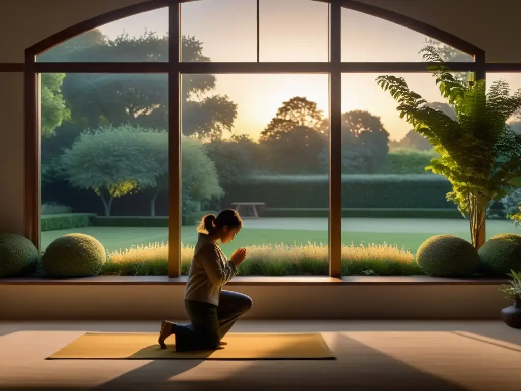 Una habitación tranquila iluminada por la primera luz del amanecer, donde una figura se arrodilla en oración frente al sol naciente