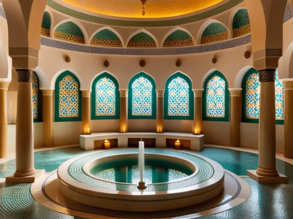 Un hamam tradicional con azulejos intrincados y una atmósfera de ritual de purificación en hamam