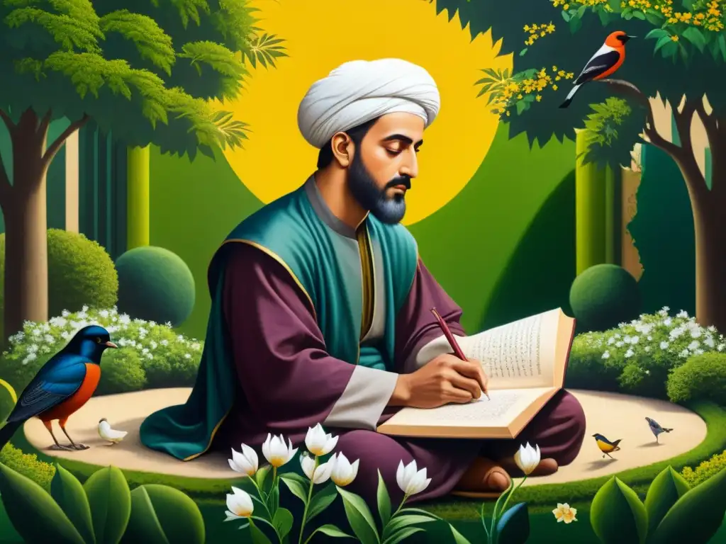 Ibn Hazm inmerso en la filosofía del amor, rodeado de flores y pájaros en un exuberante jardín