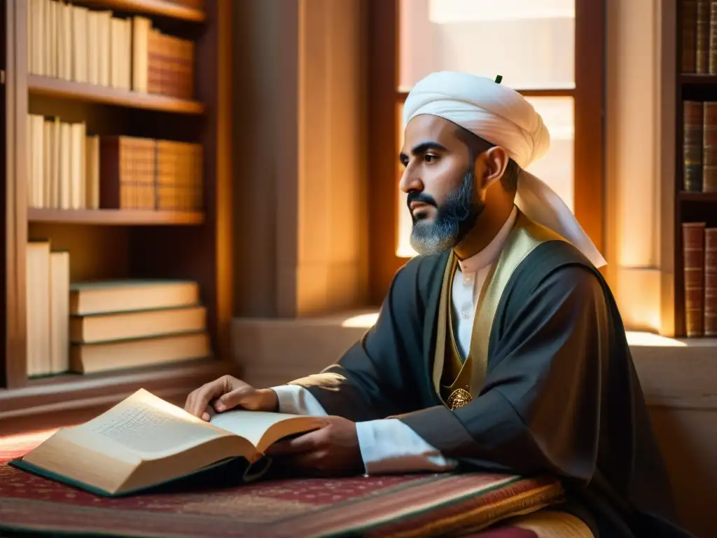 Ibn Hazm inmerso en la crítica filosófica de fe y razón, rodeado de libros y manuscritos, sumergido en profunda contemplación