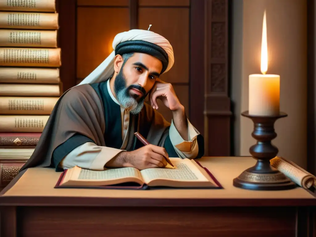 Ibn Hazm inmerso en la crítica filosófica de fe y razón, rodeado de manuscritos antiguos y velas, profundamente contemplativo