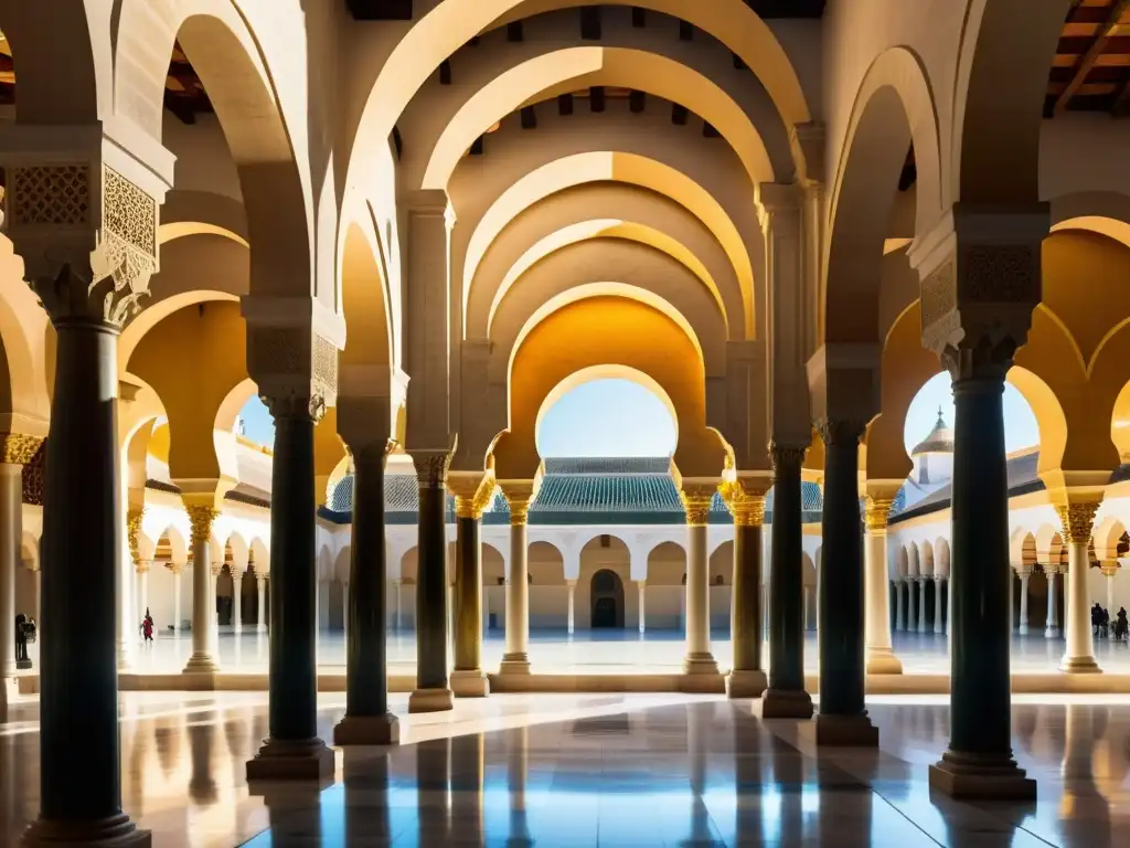 Herencia del arte islámico en escultura: Detalle fotorealista de la Gran Mezquita de Córdoba con sus arcos de herradura, patrones geométricos y juego de luces y sombras en columnas de mármol