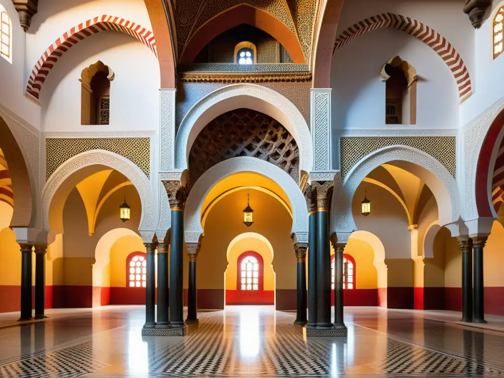 Hermosa arquitectura islámica renacimiento italiano en la mezquita-catedral de Córdoba, con arcos dobles y patrones geométricos en cálida luz etérea