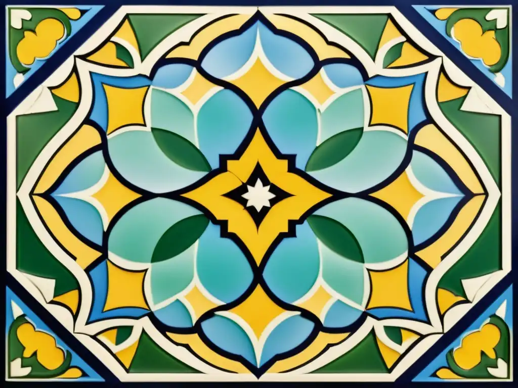 Una hermosa representación de azulejos de mosaico islámico, con colores vibrantes y diseños intrincados, iluminada por una suave luz