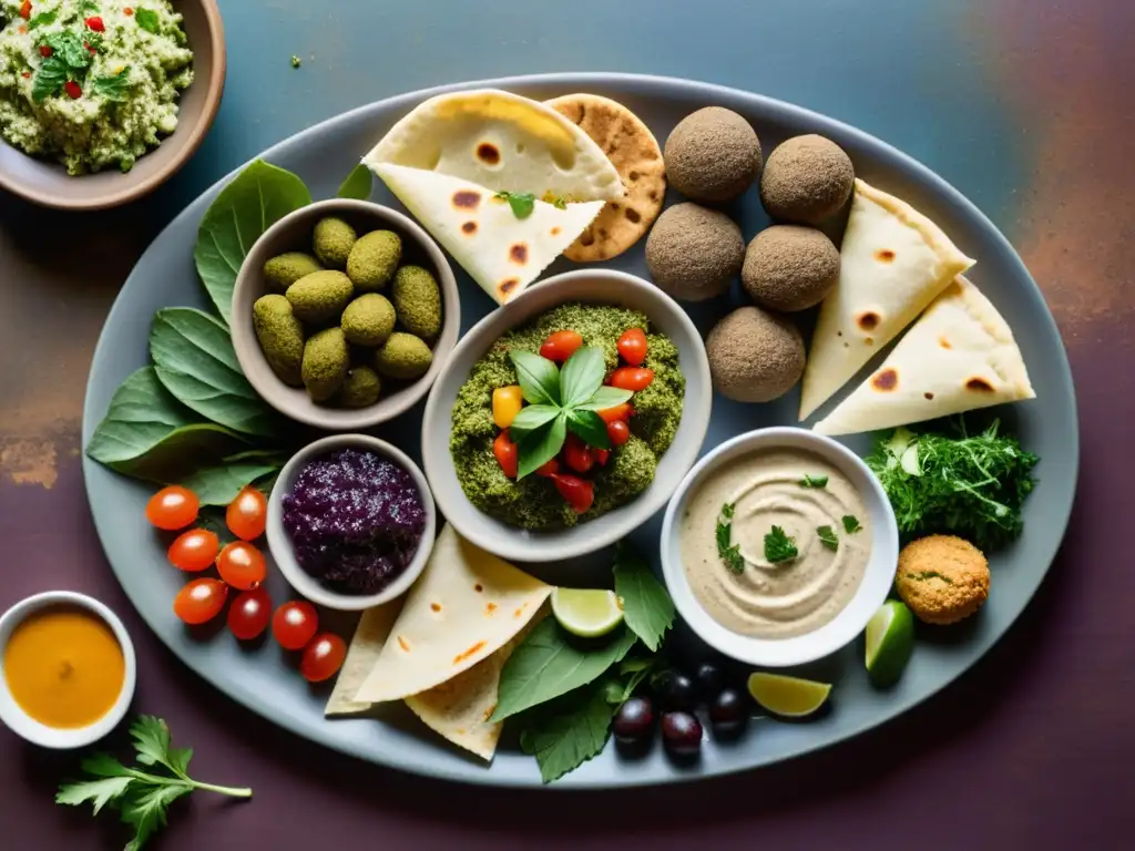 Una hermosa bandeja de mezze con tradición del Mezze en Oriente Medio, resaltando los colores y texturas de los platos tradicionales