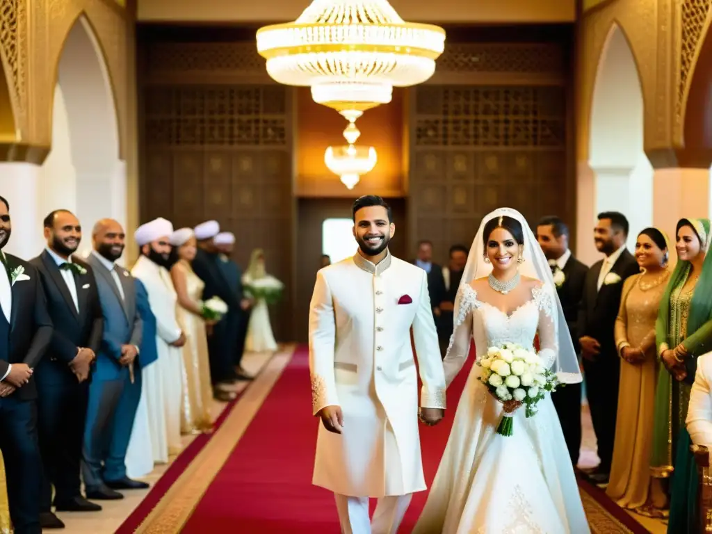 Una hermosa ceremonia de boda islámica (Nikah) en una mezquita adornada, con patrones geométricos y candelabros que emiten una cálida luz dorada