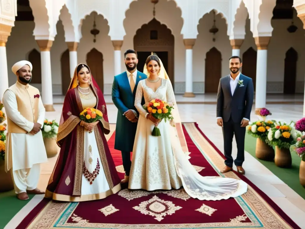 Una hermosa ceremonia de boda islámica en un patio de mezquita decorado