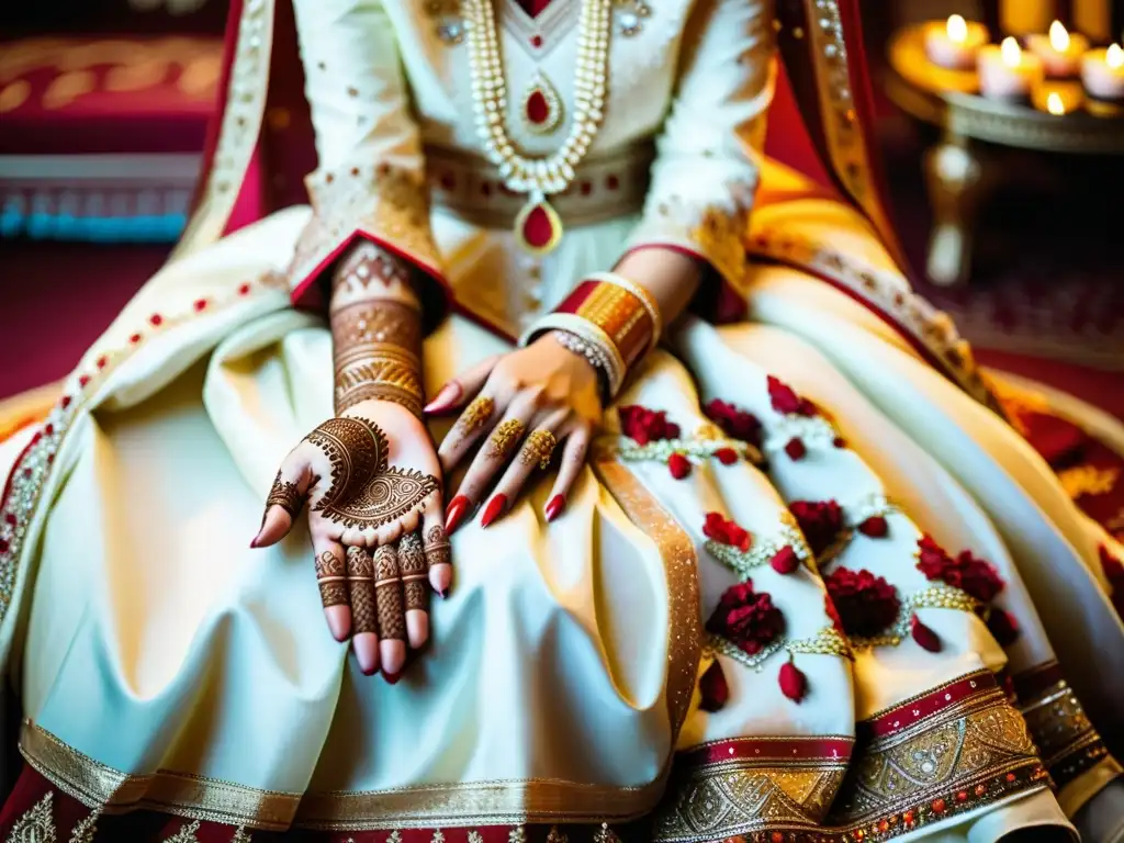 Una hermosa ceremonia de boda islámica, con la novia en posición mujer contrato matrimonial islámico, adornada con intrincados diseños de henna