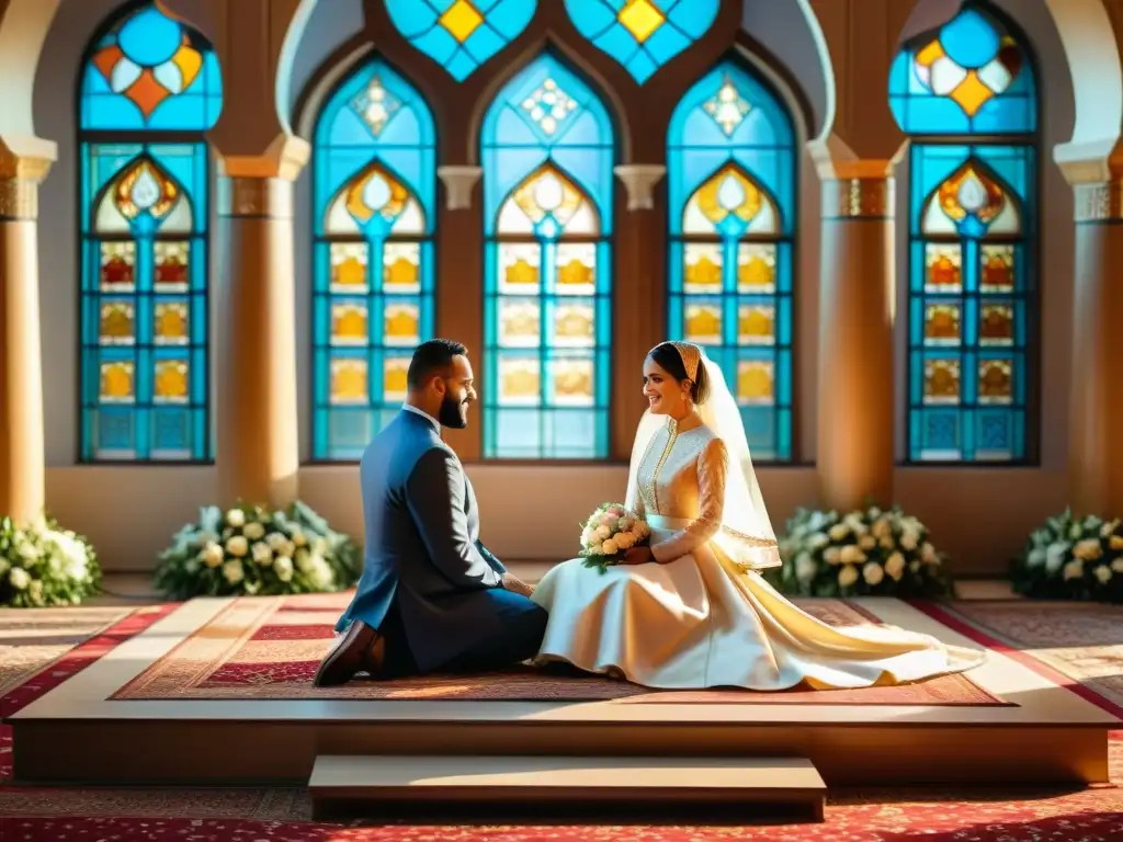 Una hermosa ceremonia de boda islámica en una mezquita decorada