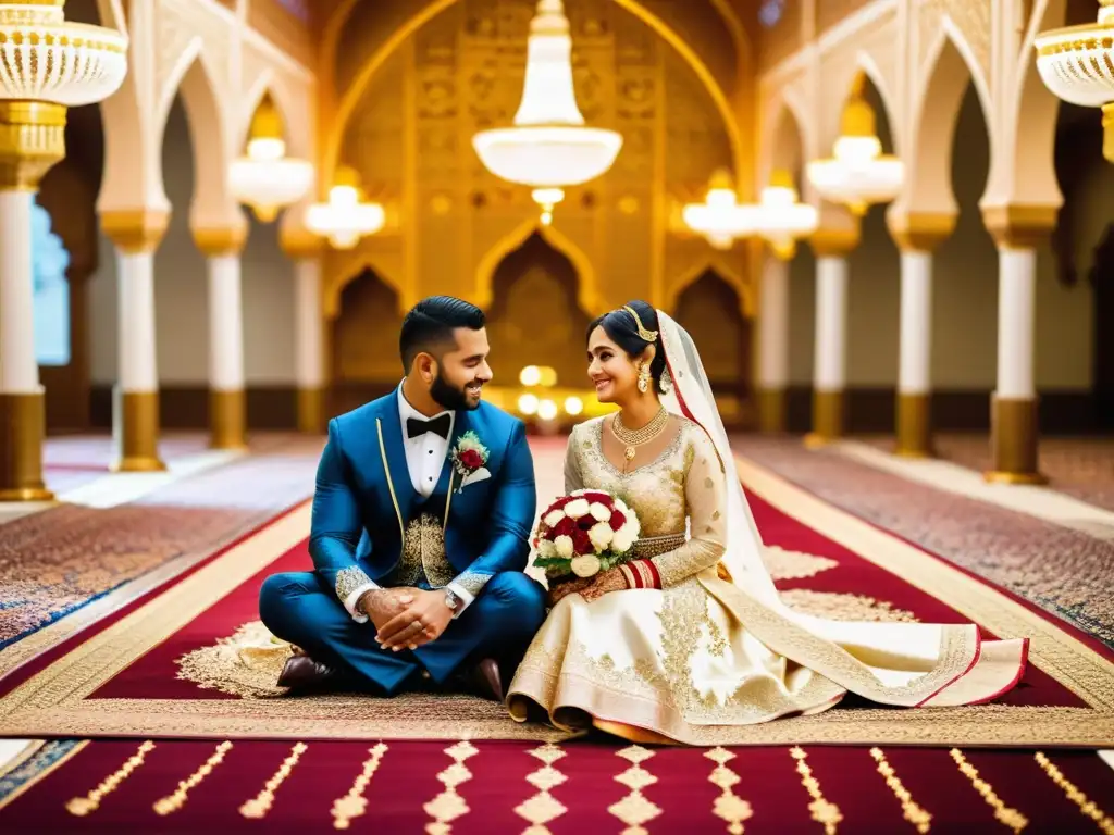 Una hermosa ceremonia de bodas islámica con deslumbrantes atuendos tradicionales, alfombras y caligrafía