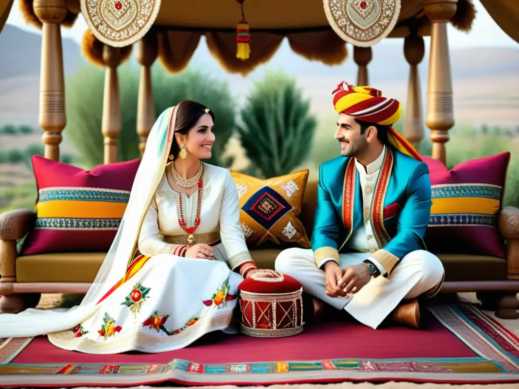 Una hermosa representación fotorealista de una ceremonia de boda tradicional kurda en un entorno al aire libre, con textiles vibrantes, bordados intrincados y joyas ornamentadas que adornan a la novia y al novio