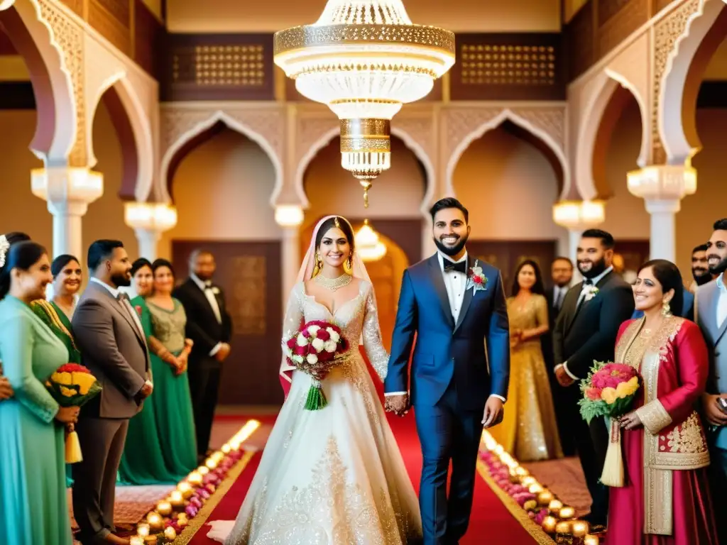 Una hermosa representación fotorealista de una ceremonia de bodas islámica en una mezquita decorada