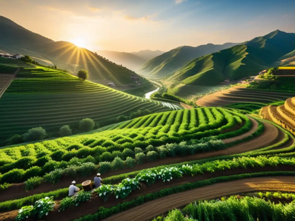 Una hermosa imagen de agricultura sostenible en el Islam, con terrazas verdes y agricultores trabajando en armonía con la tierra