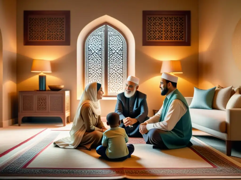 Una hermosa imagen de una familia musulmana en su sala, compartiendo momentos de conexión y unidad familiar en el Islam